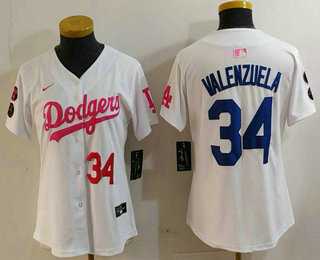 Womens Los Angeles Dodgers #34 Toro Valenzuela Number White Pink With Patch Limited Stitched Jersey->mlb womens jerseys->MLB Jersey